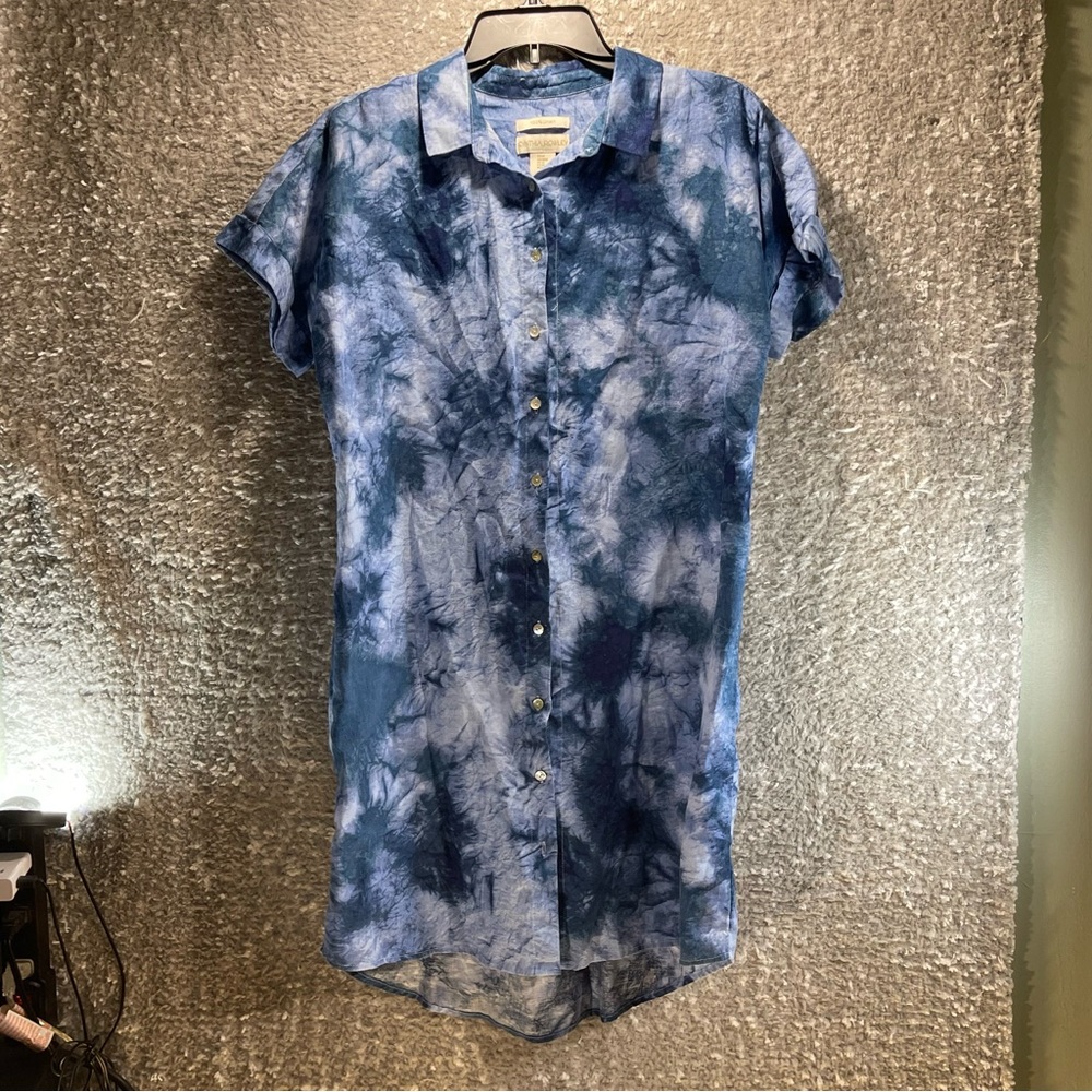 Cynthia Rowley Linen Hi-low Hem Short Sleeve Tie Dye Shirt Dress M Coastal Beach